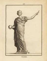 Statue af Urania, astronomiens muse med globus og stav