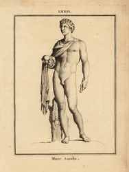 Statue af den romerske kejser Marcus Aurelius, Marcus Aurelius Antoninus Augustus; nøgen med kugle og scepter