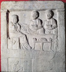 Stela Relief af en begravelsesbanket (sten) med græsk inskription, Lilleasien