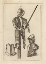 Dragt af vippepanser med grand guard og lansestøtte fra Tower of London 1, hjelm og grand guard 2, bryststykke af en kurass 3