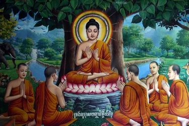 Tempelfreskomaleri, der forestiller Buddha med disciple. Cambodja