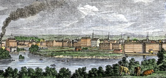 Tekstilmøller langs floderne Merrimack (Merrimac) og Concord, Lowell, Massachusetts, USA i 1830