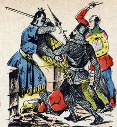 Slaget ved Taillebourg mellem den franske konge Ludvig IX og hans bror, greven af Poitiers Alphonse, mod deres vasaloprørere, Henrik III af England og Hugues X af Lusignan. Epinal-billede fra det 19. århundrede (kobberstik)