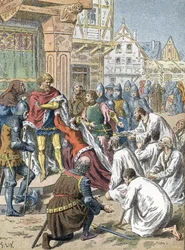 Borgerne i Calais, ledet af Eustache de Saint-Pierre, tilbyder sig selv som gidsler til Edward III