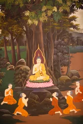 Buddha prædikede sin første prædiken for de fem munke, Wall fresco, Wat Botum templet, Phnom Penh, 2022 (foto)