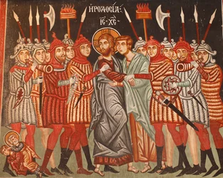 Den byzantinske fresko fra det 15. århundrede Juda-forræderi og arrestationen af Jesus Michael Ærkeengelkirken i Pedoulas Cypern Malede kirker UNESCO-sted Troodos, Cypern