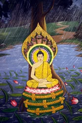 Buddhas liv, Siddhartha Gautama, vægfresko, Wat Botum-templet, Phnom Penh, 2022 (foto)