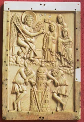 De tre Marie ved graven, udskåret plakette, Karl den Stores paladsskole, fransk (elfenben)