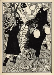 Baronen opdager de store fugle og rotis på træerne i USA. Illustration af William Strang (1859-1921) og JB Clark fra "The Adventures of the Baron of Munchausen (Munchhausen) af Rudolf Erich Raspe (1736-1794) (1789)