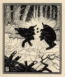 Baronen sprænger en sort bjørn i luften med to flintesten. Illustration af William Strang (1859-1921) og J. B. Clark fra „Baron Munchausens eventyr (Munchhausen)” af Rudolf Erich Raspe (1736-1794) (1789)