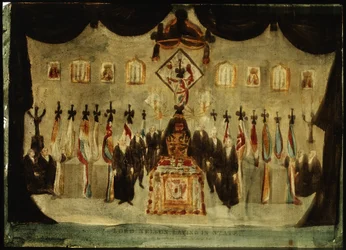 Horatio Nelsons (1758-1805) lig ligger i Painted Hall i det tidligere Royal Naval College i Greenwich under begravelsen på tredjedagen; det sorte klæde, der dækker kisten, fjernes, og vagter klædt i sort står på hver side