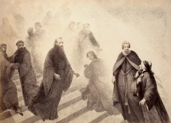 Peter Damians kontemplative ånd stiger ned fra en gylden stige og bevæger sig mod Dante. Illustration af Canto XVI i Paradiso i Den guddommelige komedie af Dante Alighieri. Et værk af Francesco Scaramuzza dedikeret til Firenzes kommune.