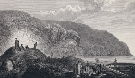 Indbyggerne i Oonalashka (eller Unalaska, Alaska, USA) og deres hjem. Gravering i slutningen af det 18. århundrede efter John Webber (1751-1793).