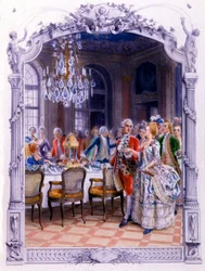 Måltidet i det 18. århundrede, ca. 1900 (illustration)