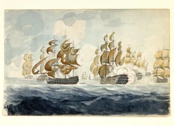 Alexander Hood, Viscount Bridports (1726-1814) flådemanøvre ud for Lorients (Frankrig) kyst under slaget ved Île de Groix (1795). Akvarel