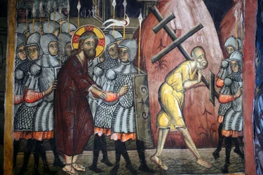 Kristi passion Simon bærer korset Byzantinsk fresko fra Agios Ioannis Lampadistis kloster, Saint John Lampadistis 11. århundrede Cypern Malede kirker UNESCO-sted Troodos, Cypern