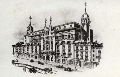 Termisk turisme: udsigt over Carlton-hotellet i Vichy, Frankrig ca. 1905 (postkort)