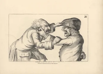 De to bondeknolde Hal og Dick skændes over et rygte om utroskab hos Hals kone Doll. Kobberstik efter en satirisk illustration af Timothy Bobbin (John Collier) (1708-1786) fra Human Passions Delineated, John Haywood, Manchester
