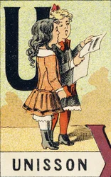 U: Unison - Indgravering taget fra ABCD af små piger. Pellerin & Cie, trykkeri-udgiver, Epinal, ca. 1890. Serie A. Mål: 19 x 13,5 cm.