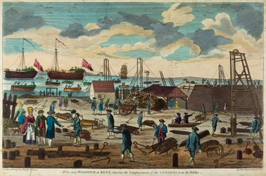 Udsigt nær Woolwich, Kent, England, der viser brugen af styrker til at bygge pontoner (afvæbnede fartøjer, der bruges som flydende fængsler).