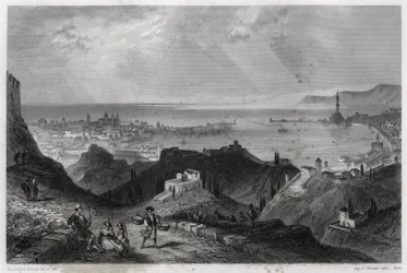 Udsigt over byen og havnen i Genes, eclatante-citaterne, marmorbyen, Genes-la-Superb, i bogen om Middelhavet af Louis Enault (1824-1900), en fransk journalist og rejsende.