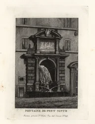 Udsigt over springvandet ved Ponte Sisto-broen, Acqua Paola (nu på Piazza Trilussa), Rom
