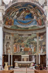 Udsigt over skibet og præstegården med Jomfruens historier, Duomo, katedralen S. Maria Assunta, Spoleto, Umbrien, Italien (foto)