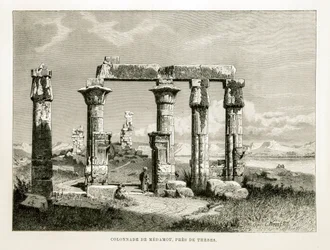Udsigt over ruinerne af Medamot-templet nær Theben, Egypten Illustration fra Atlas of Egypt