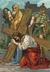 Korsvejen - Via crucis - Korsvejens stationer: Syvende station, Jesus falder anden gang. Kromolitografi. Privatsamling