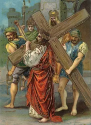 Korsvejen - Via Crucis - Korsvejsstationer: anden station, Jesus bærer sit kors. Kromolitografi. Privat samling