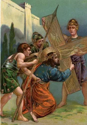 Korsvejen - via crucis - Korsvejsstationer: tredje station, Jesus falder for første gang under vægten af sit kors (Jesus falder første gang). Kromolitografi. Privatsamling
