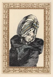 Kvinde i natkappe og stor Voluptuese-hat. Natkahyt, har den Voluptuøse. Håndkoloreret litografi af de Laubadere fra Octave Uzanes Stylish Hairstyle or Eccentric Finery from the era of King Louis XVI, Hairstyles de Style, La Parure Eccentric, Rouv