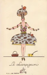 Kvinde i svampekostume, le mushroom, hat og kjole i svampeform, dekoreret med snegle og blomster. Litografi af ukendt kunstner med stencilhåndkolorering fra "Nos Travestis" (Vores kostumer), Paris.