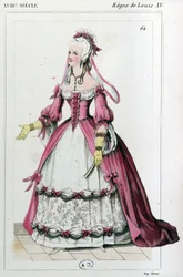 Kvinde iført en kjole som Mme de Pompadour, ca. 1810 (kobberstik)