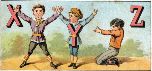 X Y og Z bogstaver efterlignet af kropsposition. Indgravering i "Alphabet des petits ecoliers". Billeddannelse af Epinal, ca. 1885. Privee Collection