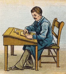 Xylograf i sit atelier. Indgravering i "Alphabet de ma petite fille". Bernardin-Bechet og Fils, boghandler-forlag, Paris, omkring 1895. Ubrydeligt album på lærred. Bibliotheque des Bebes. 12 sider. Album indeholdende en læsemetode og en illustrativ