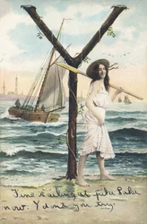 Y: En barfodet kvinde i en kort ærmeløs kjole holder en åre over sin venstre skulder. Marineindretning - Alfabettegn Ref Th. E., L. Theochrom - Serie 994. Theodor Eisman, forlag, Leipzig