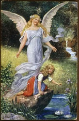 Skytsengel våger over et barn, ca. 1910 (postkort)