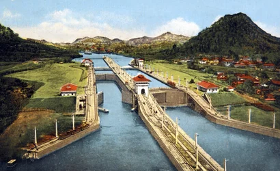 Pedro Miguel-slusen i Panamakanalen, postkort fra ca. 1920