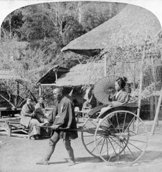 En morgentur i en jinrikisha rickshaw, Sugita, Japan, 1896.