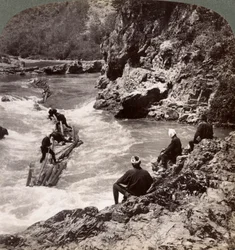 Mænd på en bjælkeflåde, der skyder Hozu Rapids på Katsura-floden, Kyoto, Japan, 1904