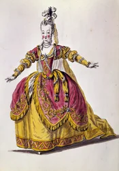 1700-tals teaterkostume, indgravering af 1800-tallets Paris, B.N.