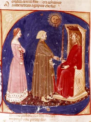 2. himmel: Dante og Beatrice står over for den romerske kejser Justinian i Paradisets 1. himmel. Oplyst side, der illustrerer en sang fra Paradiset fra "Divina Commedia" af Dante Alighieri (1265-1321). 1300-tallet, Venedig, Biblioteca Marciana