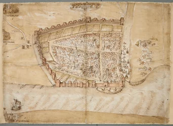 En repræsentation fra det 16. århundrede af byen Hull. Dette kort viser byen Hull, der ligger hvor floden Hull løber ud i Humber-mundingen. Det er en af en række planer, der blev tegnet for at vise tilstanden af kystforsvar i slutningen af omkring 153.