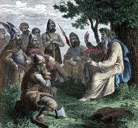 A Bard Reciting to Northmen - Viking Civilization: A Bard Druid Recite Poesy to Warriors, 8.-9. århundrede