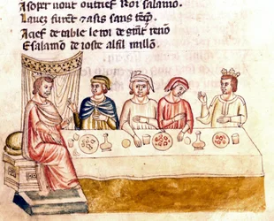 En banketscene: en konge og hans gæster - Miniature fra kodeksen "The Entrree of Spain"" (Ms.Franc.21) 14. århundrede. Biblioteca Marciana, Venedig.