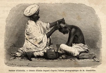 En barber arbejder i Calcuttas gader. Gravering til illustration af rejsen i Indiens meridionalprovinser, af Alfred Grandidier, i 1862-1864, udgivet i "" le tour du monde", redigeret af D