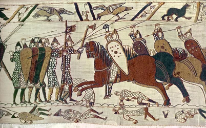 Et angreb med kavaleri. Bayeux-tapetet, broderi (billedtæppe)