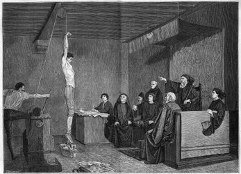 En domstol i 1400-tallet - forhør. Spørgsmålet er suspenderet med vægte på fødderne. Gravering efter maleriet af Adolphe Steinheil (1850-1908) præsenteret på Salon de 1875.