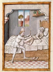 En læge behandler en miniaturepatient fra en tysk oversættelse af fablerne om "Kalila (Calila) og Dimna" af Bidpai. (ms. 1389, fol. 23) omkring 1480 Chantilly, museum Conde